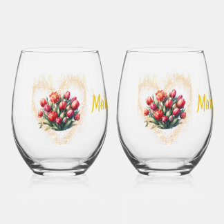 Waterverf rode tulp bruiloft wijnglas Mr & Mrs. Zonder Voet