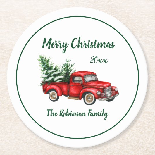 Waterverf Rode Vrachtwagen Kerstfeest Ronde Kartonnen Onderzetter (Voorkant)
