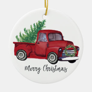 Waterverf rode vrachtwagen voor kerstmis keramisch ornament