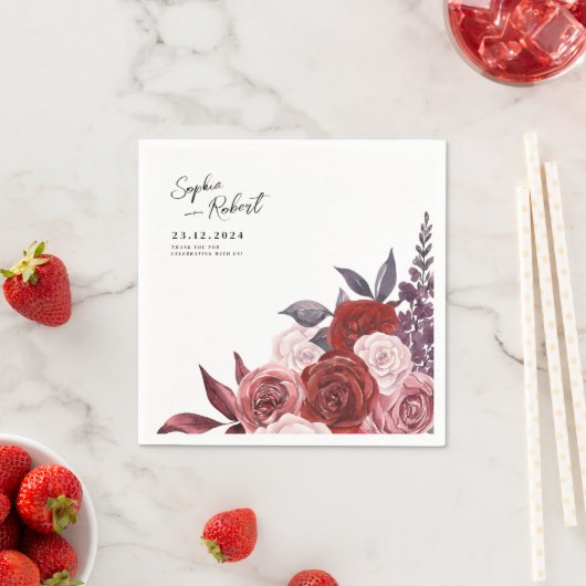 Waterverf Rode Wijn Bloem Bruiloft Persoonlijk Servet (Insitu)