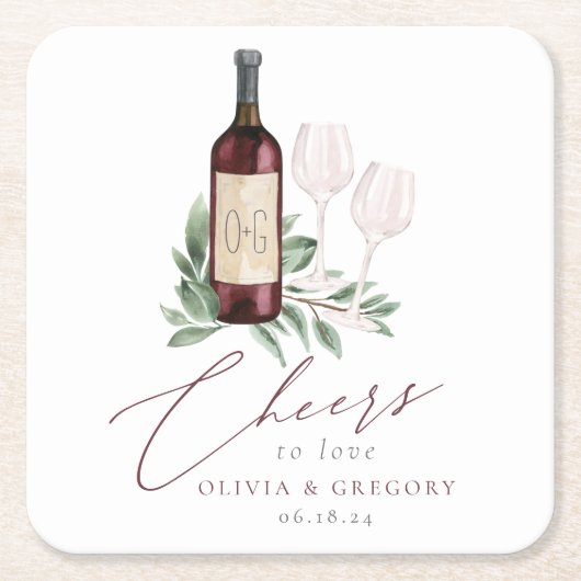 Waterverf Rode wijn Botanische kaas tot liefde Vierkante Kartonnen Onderzetter (Voorkant)