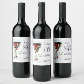 Waterverf rode wijn Roos 50e verjaardag Wijn Etiket (Flessen)