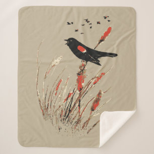 Waterverf Rode-Winged Blackbird Bull Rushes Sherpa Deken