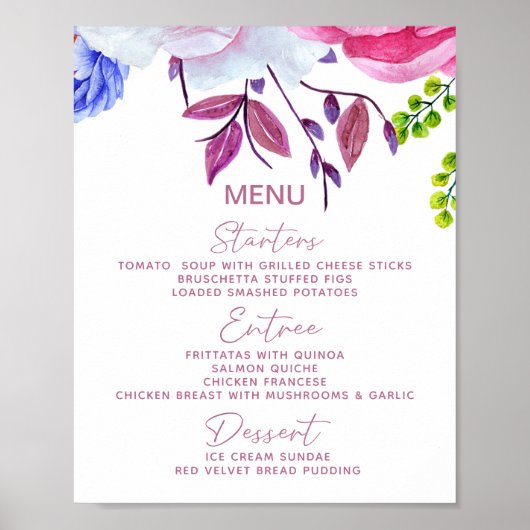 Waterverf Romantisch Bloemenbruiloft Menu Tafelbor Poster (Voorkant)