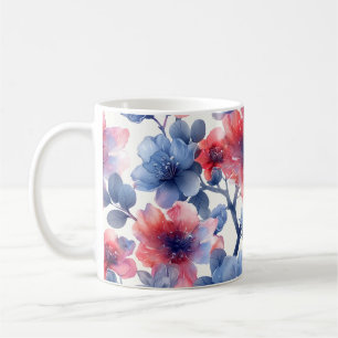 Waterverf rood, blauw bloempje op een wit koffiemok