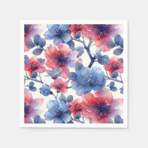Waterverf rood, blauw bloempje op een wit servet