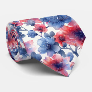 Waterverf rood, blauw bloempje op een wit stropdas