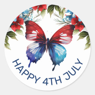 Waterverf Rood, Blauw & Witte Bloemen 4 juli Ronde Sticker