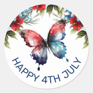 Waterverf Rood, Blauw & Witte Bloemen 4 juli Ronde Sticker