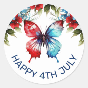 Waterverf Rood, Blauw & Witte Bloemen 4 juli Ronde Sticker