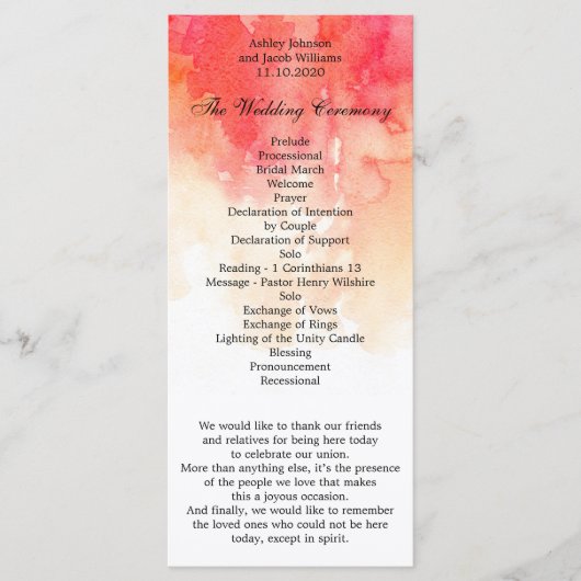 Waterverf rood bruiloft programma. Koraal ceremoni Programma (Voorkant)