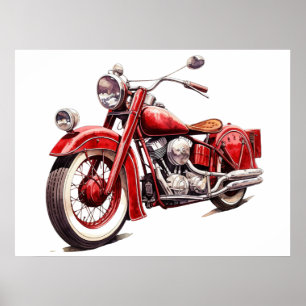 Waterverf  Rood Classic Motorcycle Poster