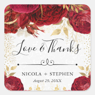 Waterverf Rood en Goud Bloemen Bruiloft Vierkante Sticker