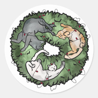 Waterverf rood en groen Cat Christmas Ronde Sticker