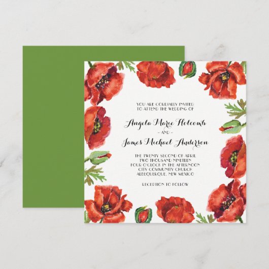 Waterverf Rood en Groen Klaproos Bloem Bruiloft 2 Kaart (Voorkant / Achterkant)