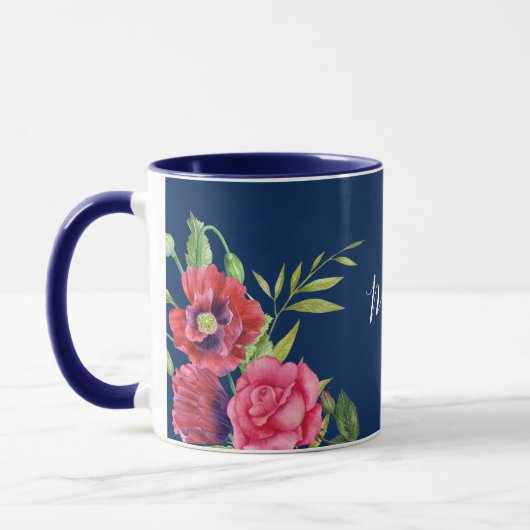 Waterverf Rood en Roze Bloemen Donkerblauw Mok (Links)