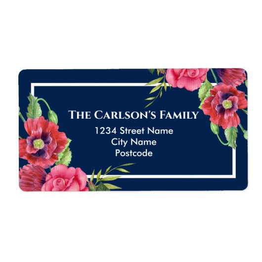 Waterverf Rood en roze bloemen Donkere marineblauw Etiket (Voorkant)