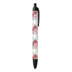 Waterverf Rood en Roze Bloemen Naadloos Patroon Zwarte Inkt Pen