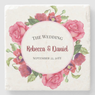 Waterverf Rood en Roze Bloemen Wreatding Wedding Stenen Onderzetter
