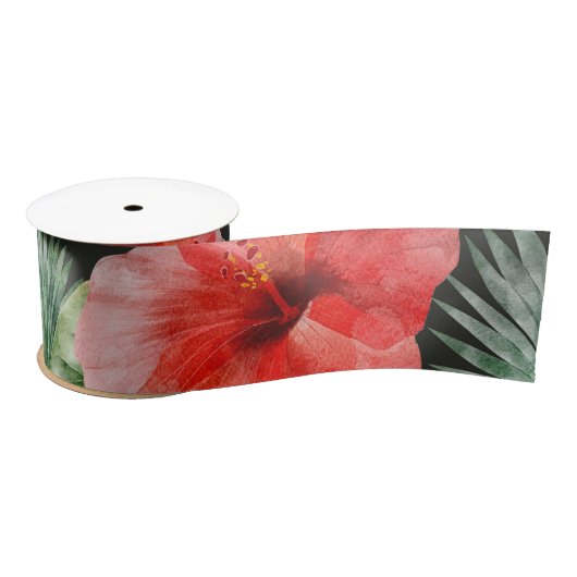 Waterverf Rood en Roze Hibiscus Tropische bladeren Lint (Spoel)