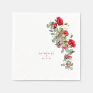 Waterverf Rood Floral en Eucalyptus Names Weddensc Servet