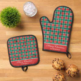 Waterverf Rood Groen Buffalo Plaid Prettig Kerstfe Ovenwant & Pannenlap Set