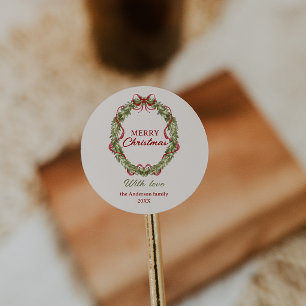 Waterverf rood groene boog krans vrolijk kerstfees ronde sticker