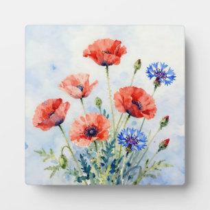 Waterverf Rood Klaproos Blauwe Korenbloem Boeket Fotoplaat