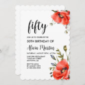 Waterverf Rood Klaproos Groen Vijftig Verjaardag Kaart (Voorkant / Achterkant)