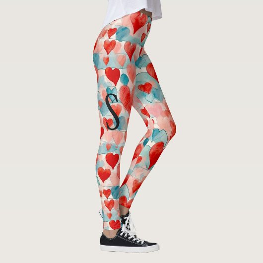 Waterverf, rood, roze, blauw hart, monogram leggings