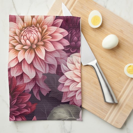 Waterverf Rood Roze Dahlia Patroon Ontwerp Theedoek (Quarter Fold)
