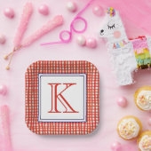 Waterverf Rood Wit & Blauw Gingham Monogram Papieren Bordje (Feest)