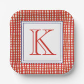 Waterverf Rood Wit & Blauw Gingham Monogram Papieren Bordje (Voorkant)