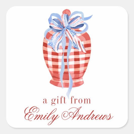 Waterverf Rood & Wit Gingham Bow Ginger Jar Vierkante Sticker (Voorkant)
