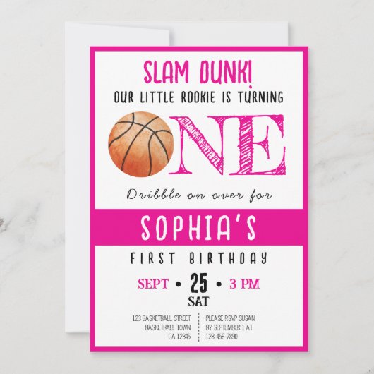 Waterverf Rookie Basketbal Meisje 1e verjaardag Kaart (Voorkant)