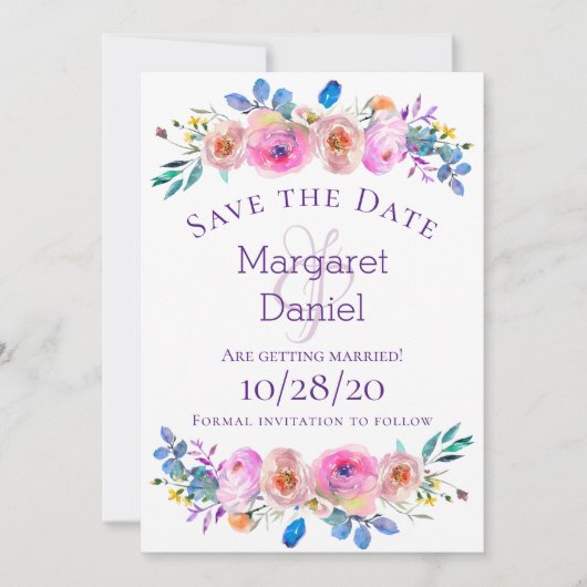 Waterverf roomroze roze Floral Save The Date (Voorkant)