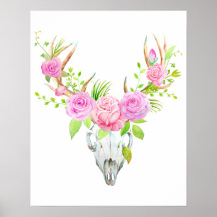 Waterverf Roos Der Skull Art afdrukken Poster