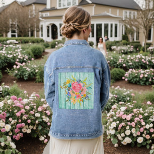 Waterverf Roos Floral Spray op Chippy Aqua Denim Jacket