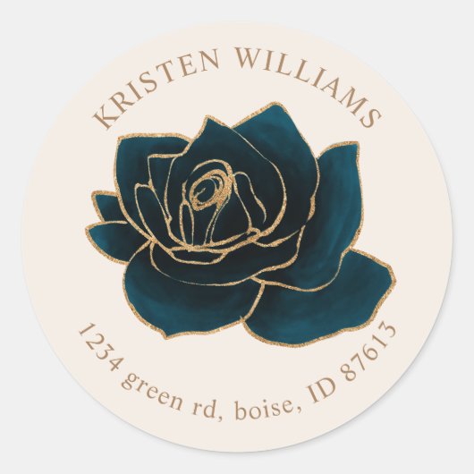 waterverf roos goud en blauw retouradres ronde sticker (Voorkant)