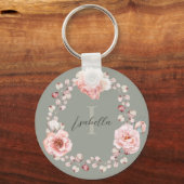 Waterverf Roos krans gepersonaliseerd | Sage Green Sleutelhanger (Voorkant)