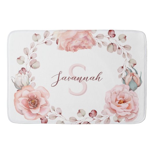 Waterverf Roos krans gepersonaliseerd | Wit Badmat (Voorkant)