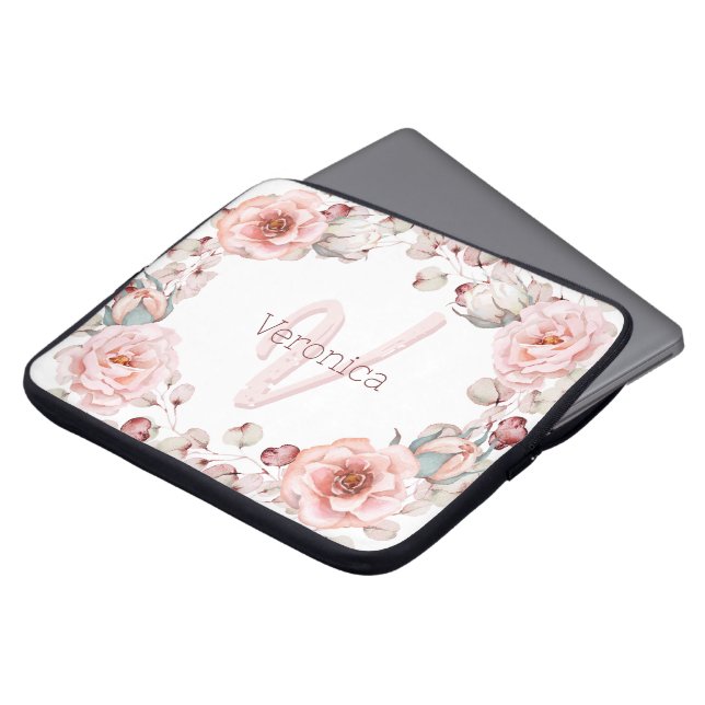 Waterverf Roos krans gepersonaliseerd | Wit Laptop Sleeve (Voorkant top)