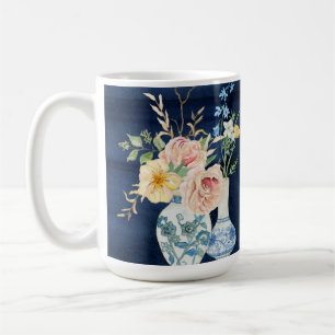 Waterverf Roos Peony Flowers Navy Blue Wood Koffiemok