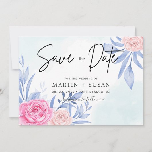 Waterverf Roos Roze Troebel Blauwe Blauwe Woningen Save The Date (Voorkant)