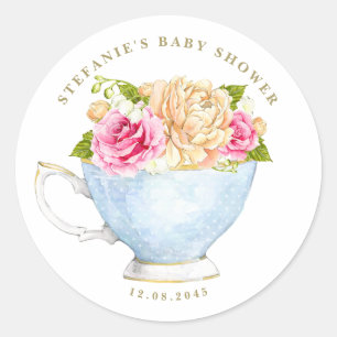 Waterverf Roos Theekop Bloemige Baby Shower Thee Ronde Sticker