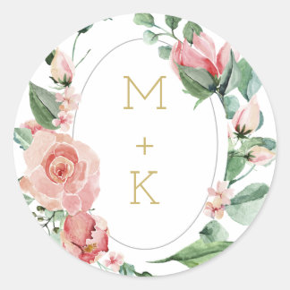 Waterverf Roos Tuin Monogram Bruiloft Seal Ronde Sticker