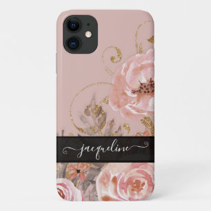 Waterverf Roos Vintage Elegant Goud Zwart iPhone 11 Hoesje