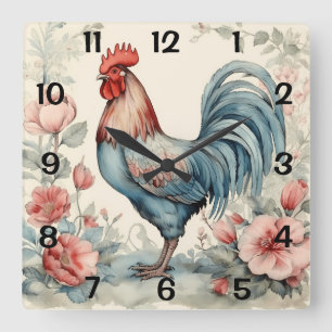 Waterverf Rooster and Flowers Vierkante Klok