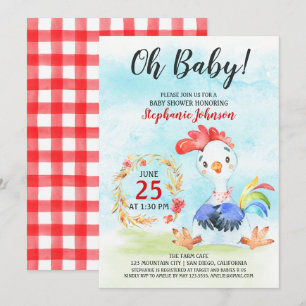 Waterverf Rooster Baby shower Boerderij Invitation Kaart