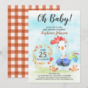 Waterverf Rooster Baby shower Boerderij Invitation Kaart